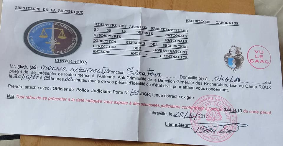Le sénateur Owono Nguéma convoqué à la DGR malgré son immunité parlementaire